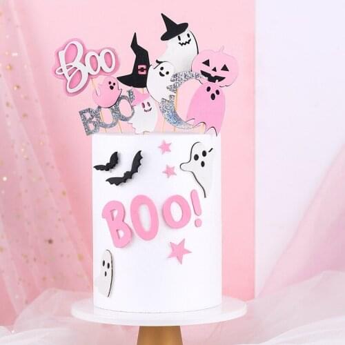 Foam Pink Funny Cartoon Halloween Cake Topper Boo Ghost Witch Dessert For Halloween Cupcake Decor Party Cake Flags Baking Supply