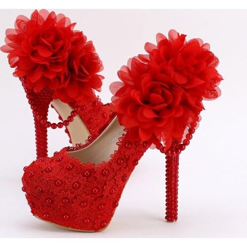 Popular Red Lace High Heels Bridal Wedding Party Shoes Applique Evening Dress Shoes Sapatos Femininos Valentine Women
