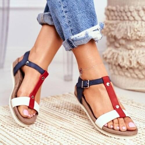 Summer Low Top Flat Adult Patchwork Red Wedge Heel Fish Spout Fashion Sandals