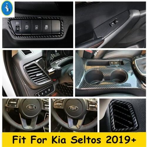 Window Lift Button / Steering Wheel / Air AC Vent Outlet Cover Trim ABS Carbon Fiber Look Interior For Kia Seltos 2019 2020 2021