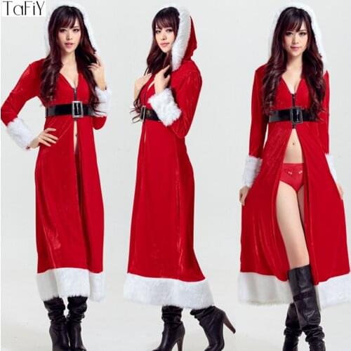 TaFiY Sexy Xmas Adult Women Santa Cosplay Costume Long Sleeve Hooded Christmas Costume Christmas Performance Dress For Women