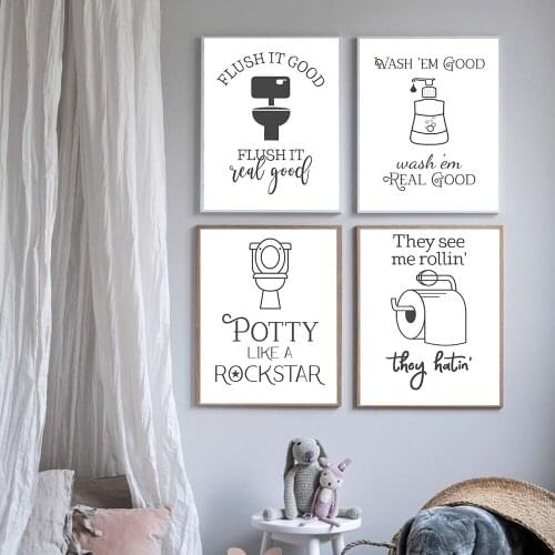 Funny Flush Toilet Sign Poster Black White Potty Wash Your Hands Quotes Canvas Wall Art Print Painting Minimalist Room Decor