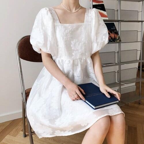 Jacquard lantern sleeve dress female summer puff dress square collar palace style doll dress 02-DS-gtwwth