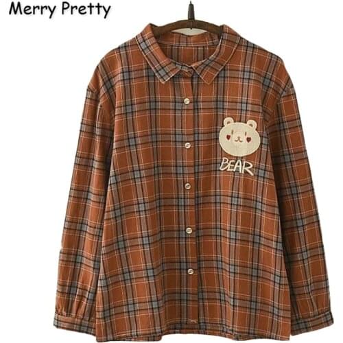 XUANHAO Womens Cartoon Bear Embroidery Blouses And Shirt Long Sleeve Turndown Collar Tops And Blouse Girl Blusas Mujer