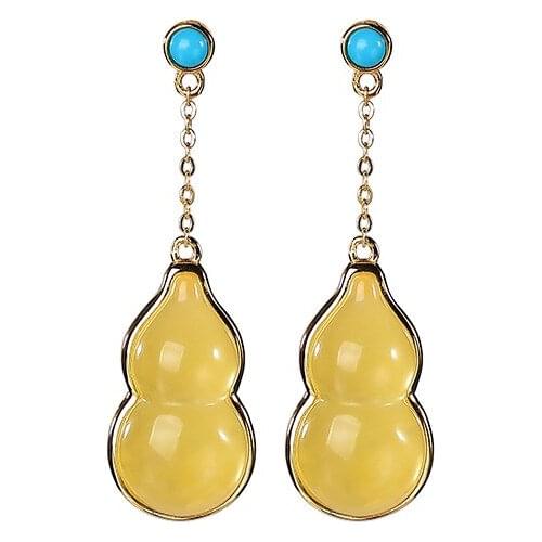 S925 sterling silver gold-plated natural amber stud earrings national fashion elegant gourd Lady long earrings