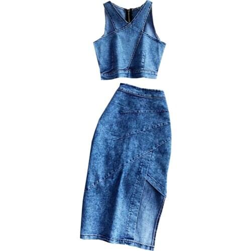 2021 summer vintage Women Denim Vest+Skirts Sets Sleeveless Straps Tops Jeans Skirt Suit Outfits