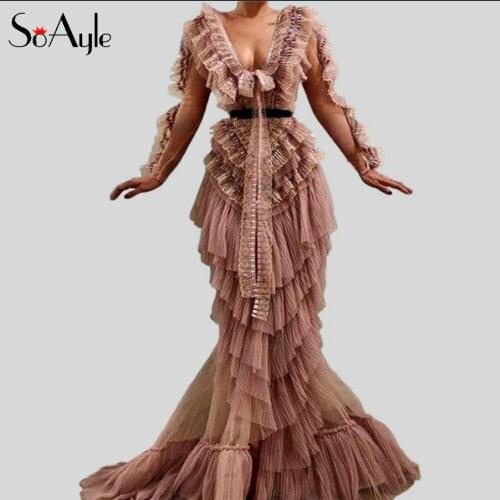 SoAyle Evening Dresses Deep V-Neck Mermaid Prom Dresses for Women Lace Long Sleeves Ruffles Tiered Robe de Soiree New Design