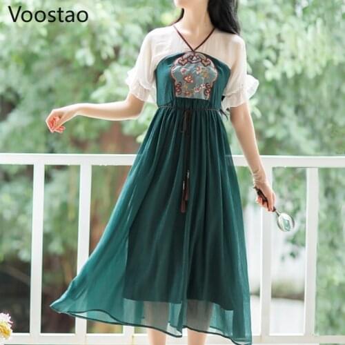 Summer Women Ancient Chinese Style Hanfu Dress Oriental Vintage Daily Chiffon Dress Female Elegant Embroidery Princess Costumes