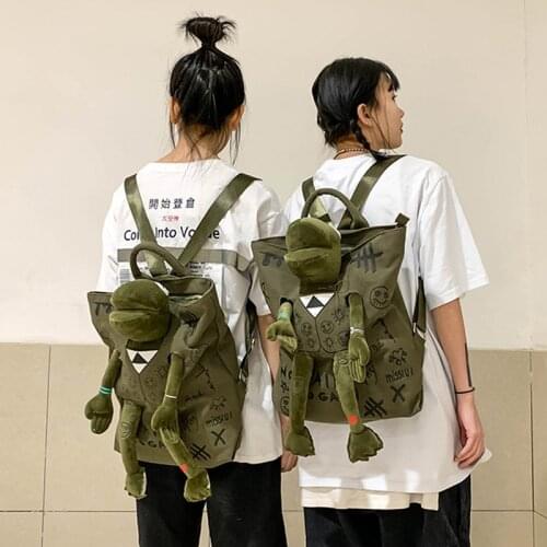 2021 Fashion Cool Green Frog Backpack Original Korean Canvas Backpack Network Celebrity Male and Female School Students Backpack