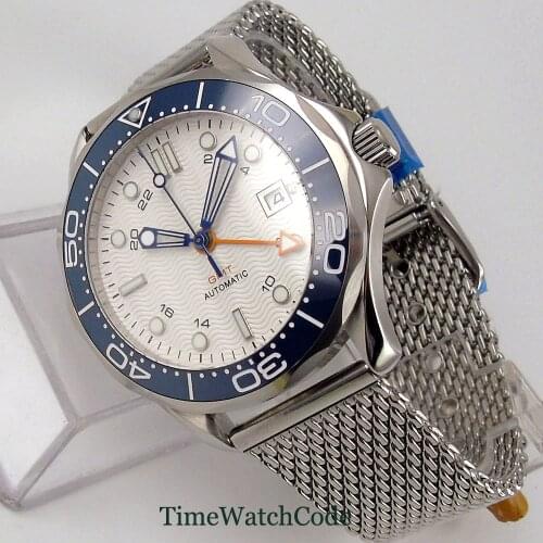 41mm Bliger automatic watch for man GMT function 3804 movement mesh strap white dial date sapphire glass ceramic bezel insert