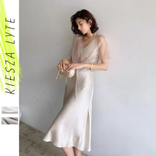 New 2020 Women Summer Dress Sets Office Lady Sexy Elegant A-line Lace Up Party Dress+ Mesh Top Two Piece Sets Femel Outfit