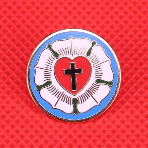 Lutheranism brooch Christian cross pin Luther rose red heart badge Lutheran seal religious jewelry mens accessories women gift