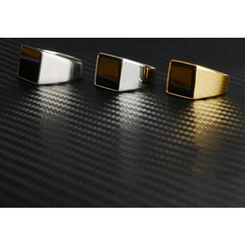 Mens Rock Punk Smooth 316L Stainless Steel Big Black Stone Gold Silver Color Hip Hop Rings For Men Party Jewelry Wholesale