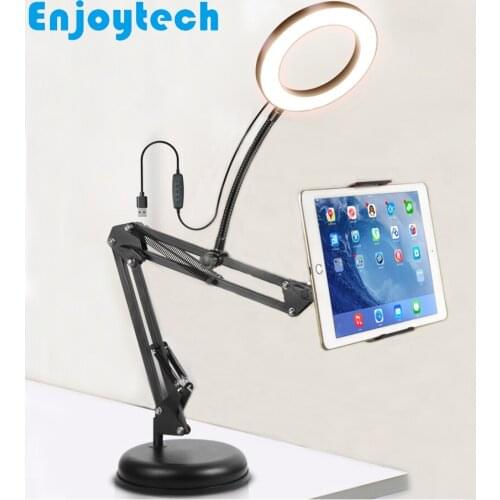 New Tabletop Stands Holder with Clip for Mobile Phones iPad Tablets Bracket Mounts with LED Ring Flash Light for Video Bloggers