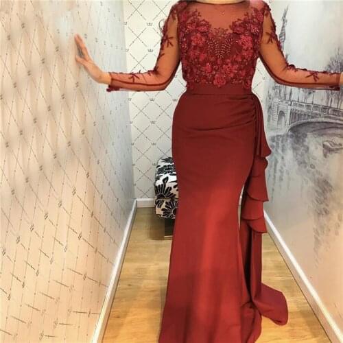 Arabic Burgundy O-Neck Satin Mermaid Evening Dresses 2020 Beading 3D Handmade Flowers Long Sleeves Ruched Ruffles Long Prom Gown