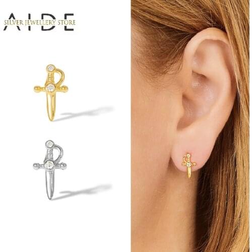 AIDE Personalized Dagger Stud Earrings for Women Gothic Small Cross 925 Sterling Silver Pierced Earings Fine Jewelry kolczyki