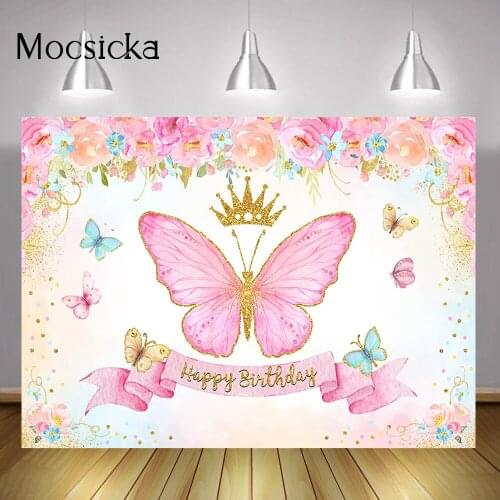 Floral Pink Butterfly Happy Birthday Backdrop Children Birthday Party Background Spring Watercolor Flowers Gold Crown Photocall