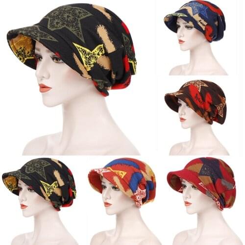 Womens Print Beanies Hat Winter Cotton Baseball Hats Female Winter Ponytail Vintage Warm Slouchy Crochet Ski Visors Turban Caps