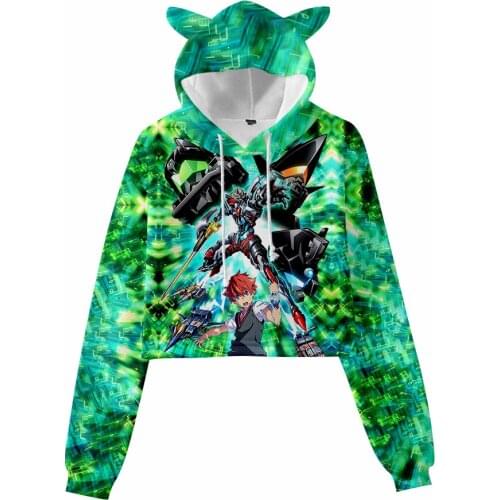 DYNAZENON Cat Ear 3D Printing Hoody Fashion Streetwear Casual Cropped Pullover Hoodies Tracksuits Open Waist Hoodies