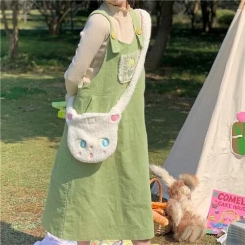 Hstar Corduroy Embroidery Strap Dress Korean Style Loose Green Casual Wear Spring Autumn New Simple Design Harajuku Clothing
