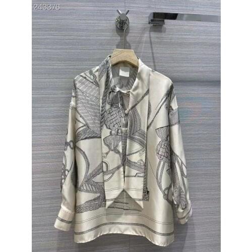 Fyion High-Quality Fashion Runway Womens Shirt 100% Silk Retro Print Bow Collar Elegant Blouse Autumn 2021 Ladies Top