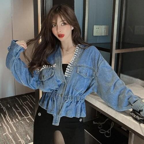 V-Neck Diamond-Embedded Lady Denim Jackets Autumn High Waist Solid Short Jean Coat Button Pearls 2021 Fashion Women Outerwear
