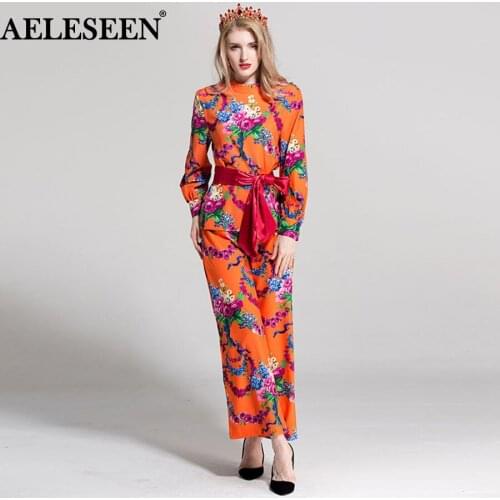 Women Fashion 2 Vintage Pieces long Sleeve Summer Print Top + Belt Waist Elastic Runway Flare Pant Suits