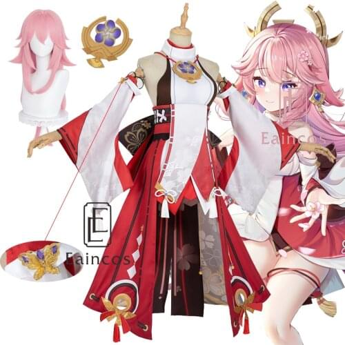 Yae Guuji Genshin Impact Cosplay Costume Wigs Shoes Dress Game Outfit Uniform Halloween Carnival Party Costumes For Women