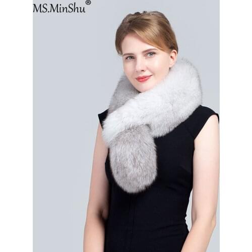 MS.Minshu Natural Fox Fur Scarf Women Real Fox Skin Collar Full fur Scarf Natural blue fox fur 100% fur scarf