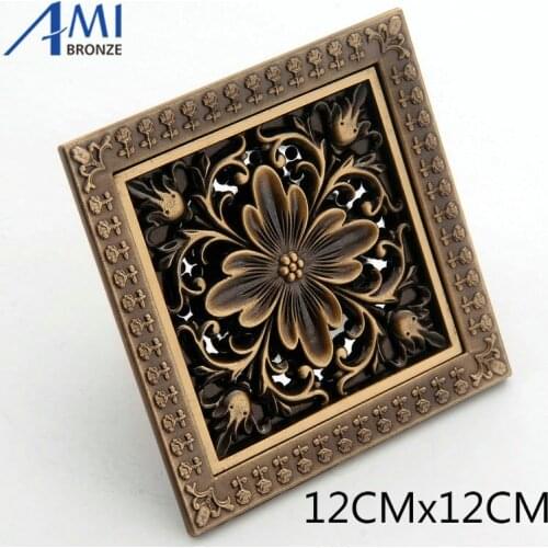 12x12cm Antique Brass Floor Drain Bathroom Shower Room Bath Floor Waste Drainer Drain Floor Waste Carved Drains Sanitary