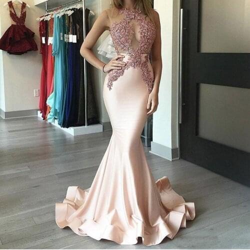 2020 Blush Nude Mermaid Evening Gowns Newest Applique Beads Sheer Neck Ruffle Vestido de festa Formal Dress Prom