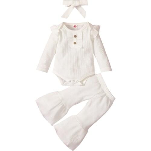 Childrens Clothing Set Baby Girls 3Pcs Solid Color Long Sleeve Ruffle Knitted Romper Flare Pants Headband Clothes For Newborns