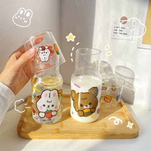 520ml Cute Bear Strawberry Water Cup Set Glass Transparent Creative Milk Coffee Juice Wine Drinkware Beer Kawaii Cups With Straw