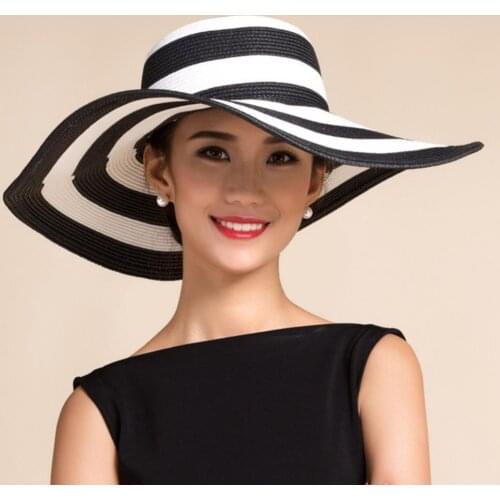 60% Dropshipping!!Women Fashion Stripe Wide Brim Floppy Straw Hat Foldable Summer Beach Sun C