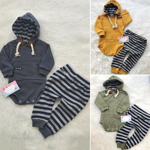Free Shipping Toddler Baby Boys Girls Newest Autumn Clothes Hooded Long Sleeve Tops Romper Striped Long Pants Outfit Set 0-24M