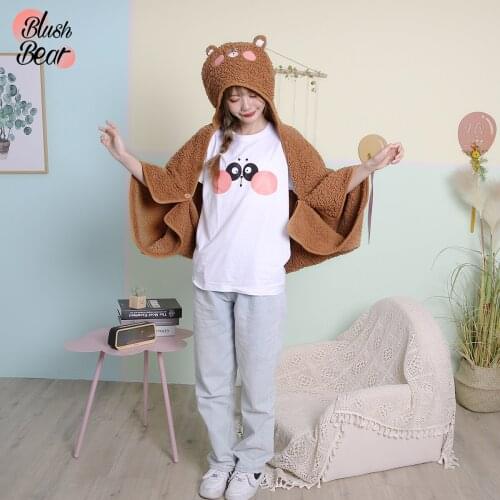Blushbear Brown Bear Lamb Wool Wearable Hooded Plush Blanket With Hat