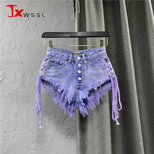 Street Fashion Denim Shorts Womens Summer New Sexy Low waist Single-breasted Bandage Tassel Jeans Shorts