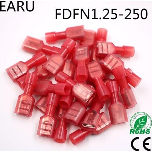 FDFN1.25-250 FDFN1-250 NYLON brass Female Insulated Spade joint Cable Wire Connector 100PCS suit 0.5-1.5mm2 22-16AWG FDFN Plug
