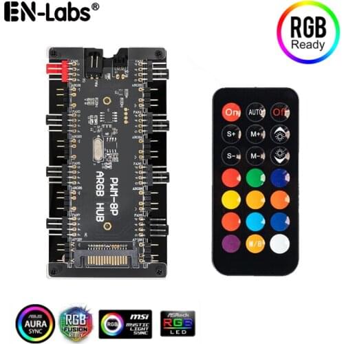 5V RGB AURA Controller & PWM Magnetic Hub 8 Ports ARGB RGBW Wireless IR Remote & 12V 4Pin Fan Splitter PMMA Case Extension Cable
