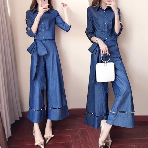 Summer Female casual denim pants Sets womens lapel pearl buckle shirt+wide leg pants two-piece Sets Office Work pants Suits