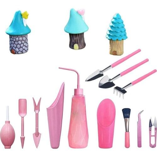 1Set Miniature Fairy Garden Vase Mushroom House Ornament Dollhouse Plant Pot Figurine (Blue) & 12 Pieces Mini Garden Hand Transp
