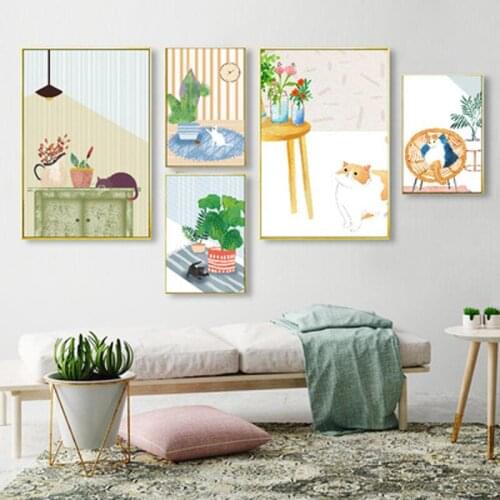 Cartoon Simplicity Modern Small Fresh Plant Morandi Decorative Painting Cute Cat Children Room Posters Wall Art Sofa Home Decor