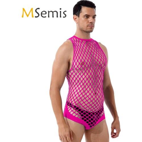 Mens Lingerie See-through Netted Bodysuits Hollow Out Bodystockings One-piece Halter Neck Sleeveless Stretchy Nightwear