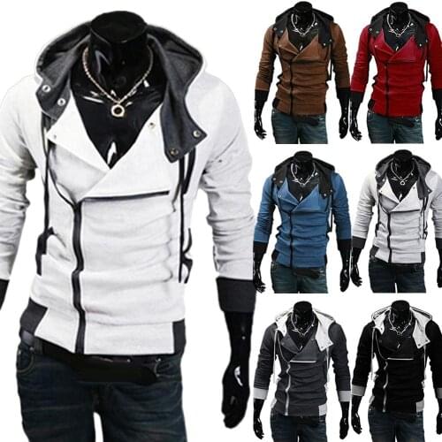 Plus Size Men Long Sleeve Diagonal Zipper Drawstring Hood Loose Sports Coat