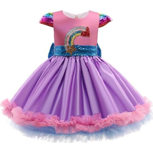 Girls Dress Sequin Stitching Rainbow Puffy Princess Dress for 2-10Years Children Wedding Party Dress/Birthday Elegant Party Gown