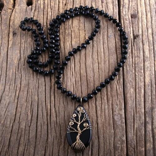 RH Fashion Bohemian Jewelry Glass Long Knotted With Semi Precious Pendant Women Boho Necklace Gift