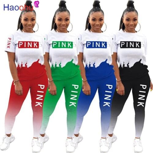 HAOOHU PINK Letter Print Short Sleeve 2 Piece Set Women Pullover Tshirt Full Length Pants Elastic 2 Piece Outfits