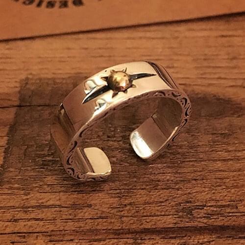 Silver retro exaggerated brass hollow sun opening adjustable ring fine section men and women