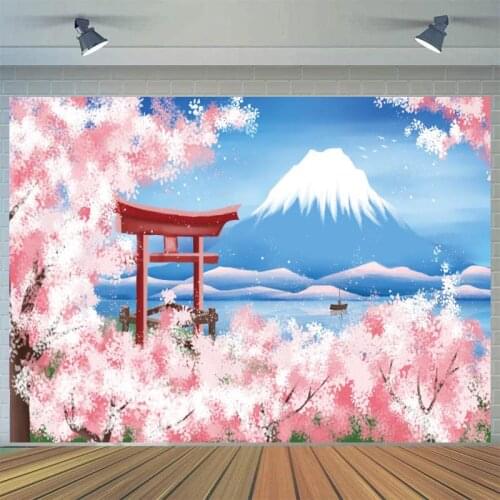Cherry Blossoms Snow Mountain Scenic Photography Backgrounds Boat On Blue Lake Summer House Women Kids Portrait Backdrops Photo