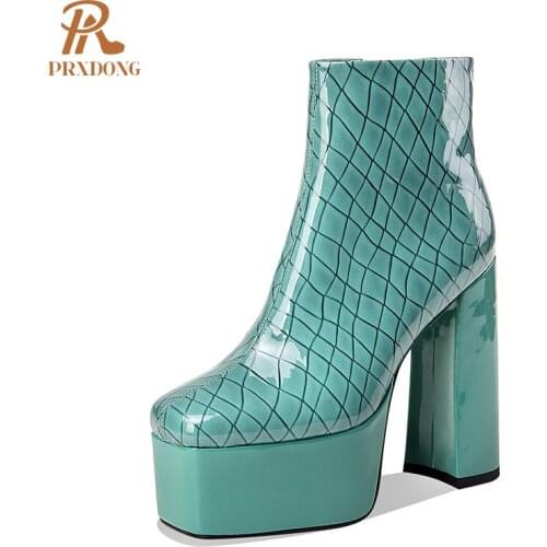 Sexy Ladies Short Boots Super High Heels Platform Female Ankle Boots Genuine Leather Women Shoes Square Toe Autumn Winter Zipper